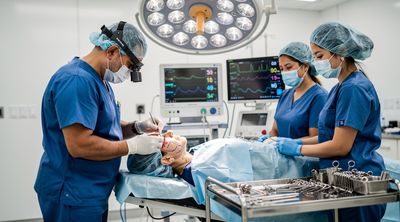 A surgical team performs a combined facelift and eyelid surgery in a sterile operating room.