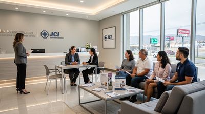 A clinic administrator explains pricing to diverse patients in a Tijuana reception area.