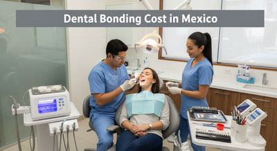 A Mexican dentist performing dental bonding procedure on a patient in a modern Mexican clinic interior.