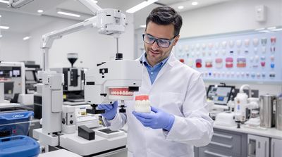 Mexican dental technician using digital shade-matching device for composite resin selection