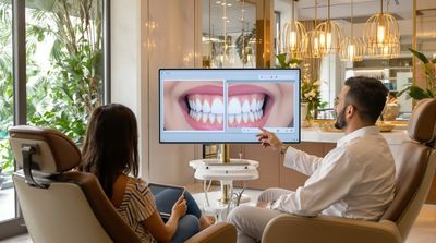 Mexican cosmetic dentist showing digital bonding simulation to American patient in luxury clinic