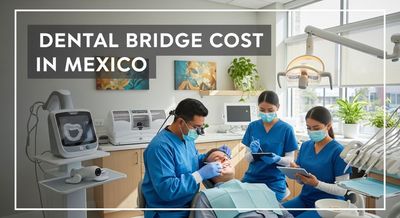 A Mexican dentist fitting a dental bridge to an American patient in a modern clinic, emphasizing affordable dental care options in Mexico.