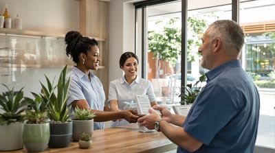 Diverse clinic staff presenting post-care gift bag to satisfied American patient at modern front desk