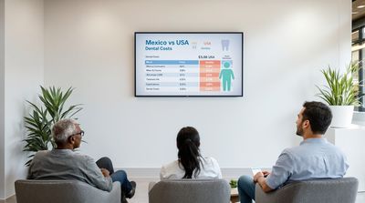 Diverse American patients in sleek Mexican clinic reception area viewing Mexico vs USA dental cost chart