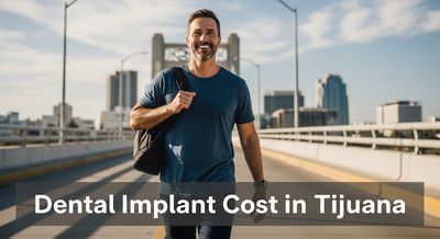 A smiling American man crossing the border bridge into Tijuana, excited for cost-effective dental implant treatment.