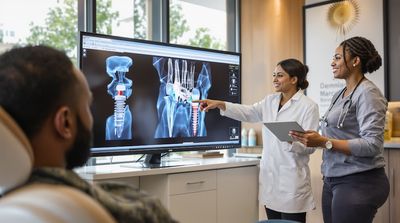 Diverse dental team consulting with patient about 3D implant scan in modern Mexican clinic