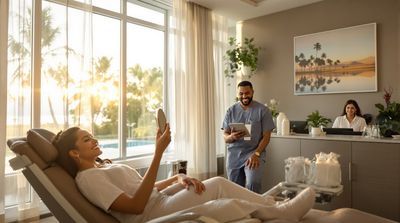 Happy patients in recovery area of modern Mexican dental clinic with tropical views
