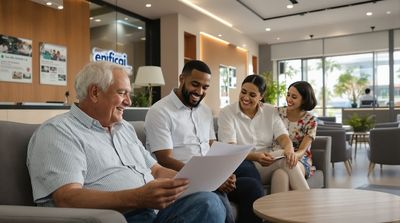 Diverse international patients in welcoming Mexican dental clinic waiting area reviewing treatment information.