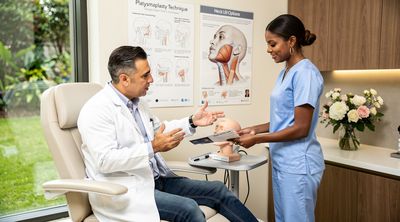 Mexican surgeon explains neck lift procedure to an African American patient in a comfortable examination room.
