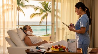 American patient recovers comfortably in a tropical Cancun hotel with nurse assistance post-facelift.