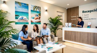 International patients discussing city-specific fat transfer prices in a welcoming clinic lobby.