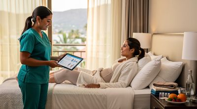 A patient recovering comfortably in an all-inclusive hotel suite with nurse support.