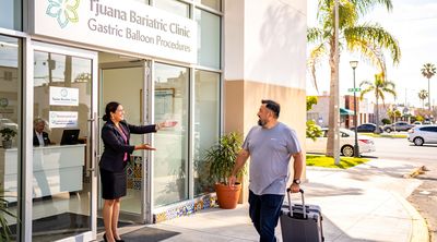 A welcoming scene of an American patient arriving at a Tijuana bariatric clinic for gastric balloon procedure.