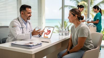 A Mexican surgeon explaining the Orbera gastric balloon to an attentive American patient during consultation.