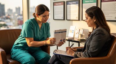 An American patient reviewing gastric balloon package details with a Mexican medical coordinator.