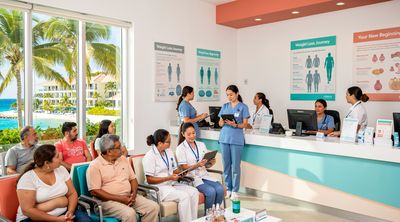 A diverse group of international patients in a busy Cancun bariatric clinic benefiting from competitive services.