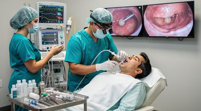 A Mexican doctor performing the endoscopic gastric balloon placement procedure on a sedated patient.