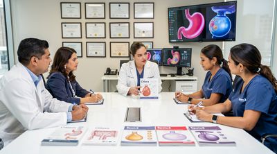 Staff at a Tijuana bariatric center discuss gastric balloon options in a professional office setting.