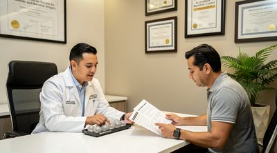 A certified surgeon shares credentials with a patient during a gastric balloon consultation.