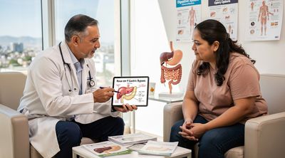 A Mexican bariatric surgeon explains Roux-en-Y gastric bypass procedure to an American patient in a modern Tijuana clinic.