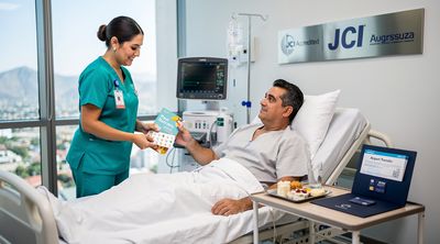 A nurse provides post-op care and package details to a recovering patient in a Monterrey hospital room.