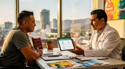 A Mexican surgeon explains gastric sleeve package details to a diverse American patient in a Tijuana clinic.