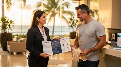 Clinic staff presents details of an all-inclusive gynecomastia surgery package to a patient.