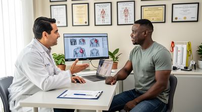 A healthy male patient consults with a surgeon to assess candidacy for gynecomastia surgery.