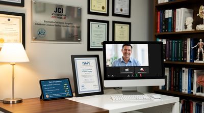 A certified Mexican surgeon showcases qualifications during a virtual consultation.