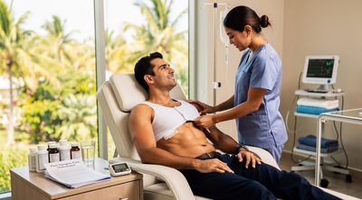 A nurse assists a recovering patient wearing a compression garment post-surgery.