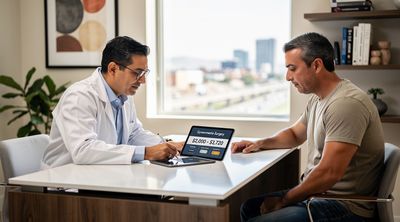 A Mexican surgeon discusses gynecomastia surgery pricing with an American patient in a modern Tijuana clinic.