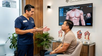 A surgeon explains combined gynecomastia and liposuction options to a patient using 3D simulations.