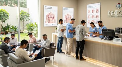 A bustling clinic reception serves diverse international patients seeking gynecomastia treatment.