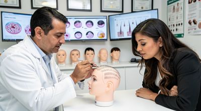 A Mexican surgeon demonstrates the FUE hair transplant technique to an attentive patient during a detailed consultation.