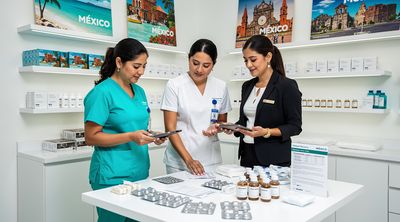 Clinic staff prepares comprehensive post-operative care kits and travel amenities for a hair transplant patient.