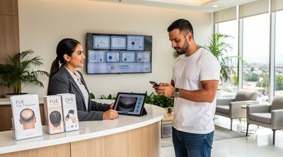 American patient receives assistance for a virtual consultation at a Tijuana clinic reception.