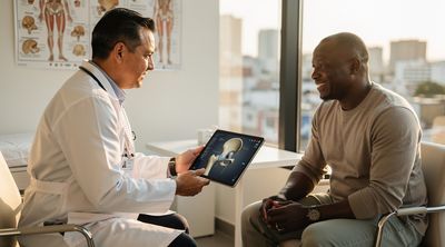 A Mexican surgeon consults with a diverse patient on hip replacement options in a modern clinic.