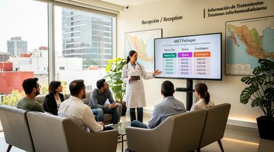 Diverse patients reviewing HSCT costs in a Mexican clinic lobby.