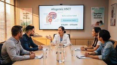 Specialist discussing allogeneic HSCT with diverse donor family.
