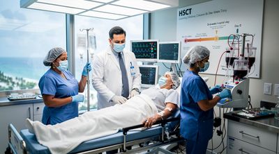 HSCT team preparing patient for stem cell infusion in clinic.