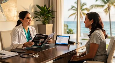A Mexican surgeon explaining hysterectomy package inclusions to an American patient in a Cancun hospital.