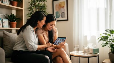A same-sex couple discussing donor egg IVF with a counselor in a supportive clinic setting.