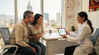 Mexican fertility specialist consulting diverse American couple on standard IVF in modern Tijuana clinic.
