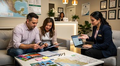 American couple planning IVF travel with Mexican clinic coordinator in waiting area.