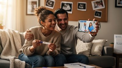American couple celebrating pregnancy results via video call with Mexican IVF team.