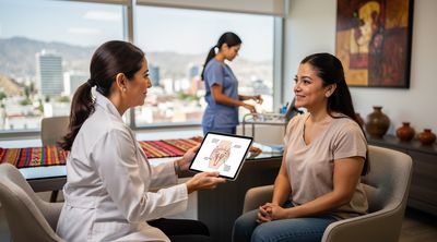 A Mexican plastic surgeon consulting with a diverse patient about labiaplasty in a modern clinic.
