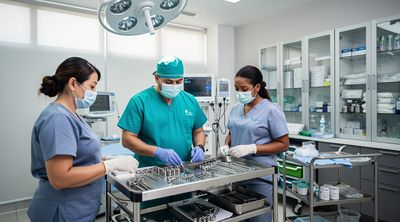 Diverse medical staff preparing in an affordable modern Mexican surgery clinic.