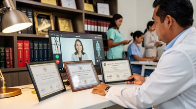 Mexican surgeon showing credentials to a patient during consultation.