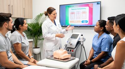 Dermatologist explaining Soprano laser technology to diverse international patients.
