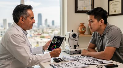 A Mexican ophthalmologist consults with a diverse patient on LASIK procedures using digital tools in a modern clinic.
